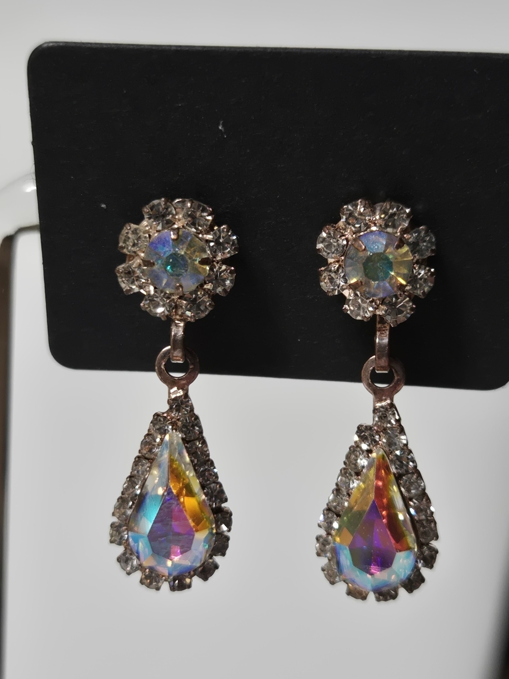 Vintage Iridescent AB Crystal Rainbow Color Teardrop Drop Earrings - Picture 9 of 14